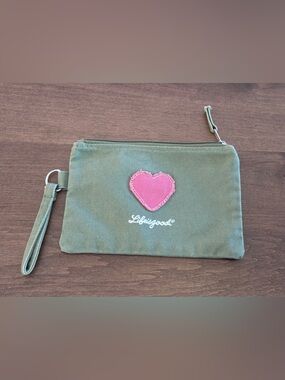 Life is Good, Olive Green Canvas Wristlet with Pink Heart Patch Pouch 8x5